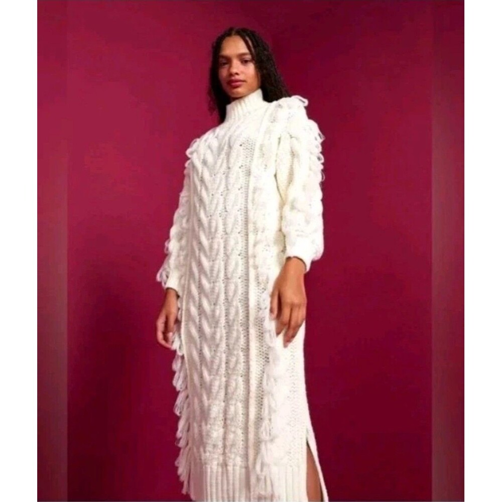 Farm Rio Sweater Knit Dress Women's Small Off White Fringe  Hippie - NWT